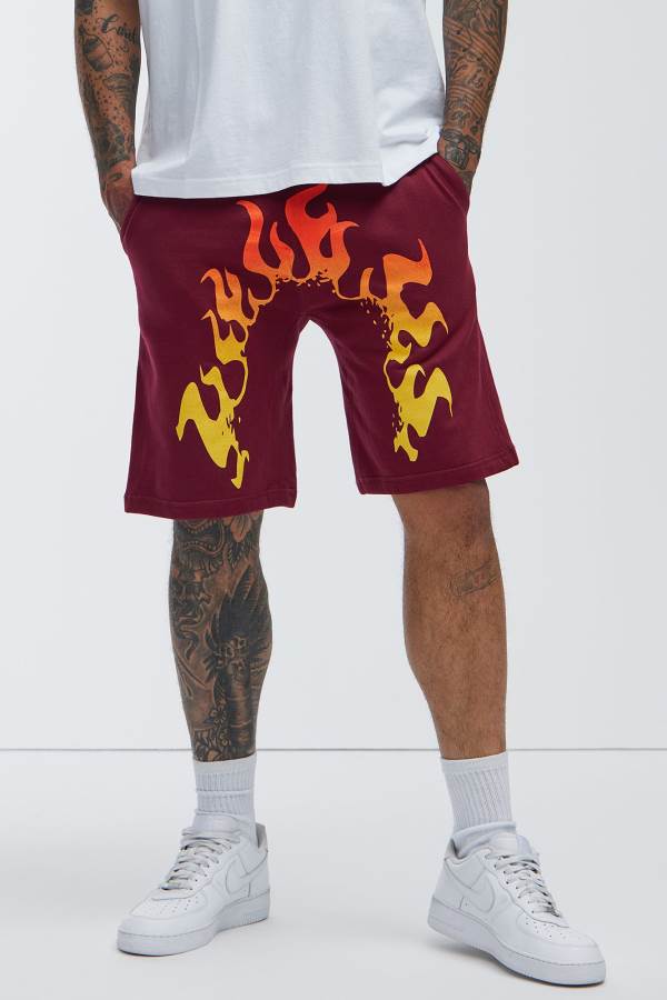 Burgundy Fashion Nova Hot Fiya Men Sweatshorts USA | 593486HEM