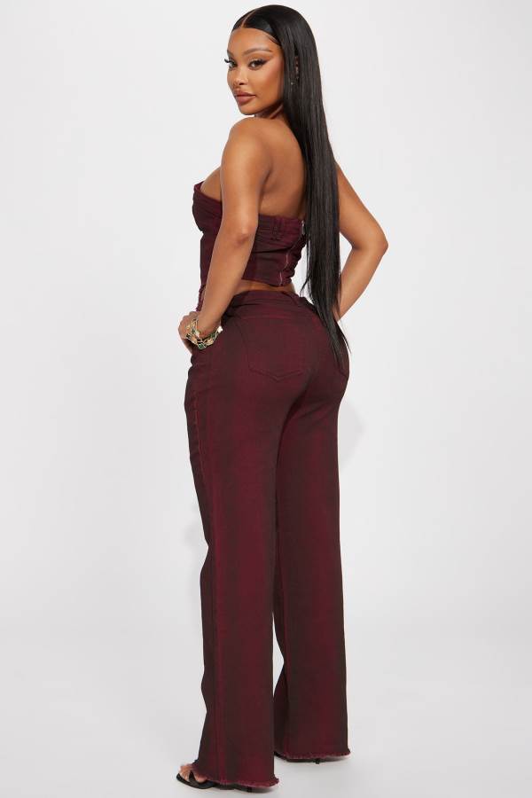 Burgundy Fashion Nova Next Level Washed Denim Pant Set Women Pants USA | 316527BYK