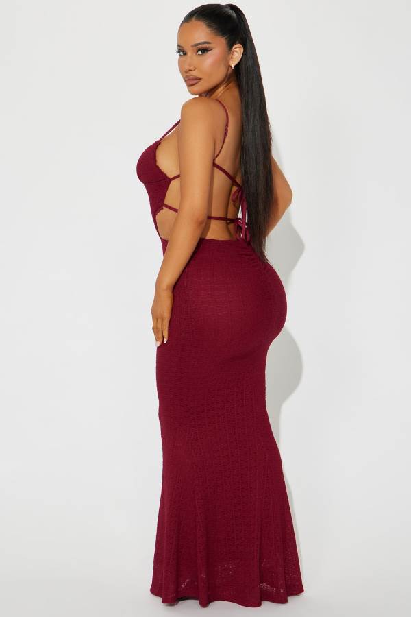 Burgundy Fashion Nova Rosie Lace Maxi Women Dress USA | 736850HNB