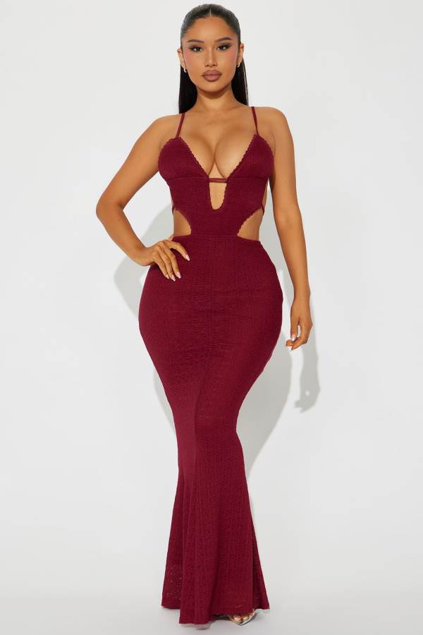 Burgundy Fashion Nova Rosie Lace Maxi Women Dress USA | 736850HNB