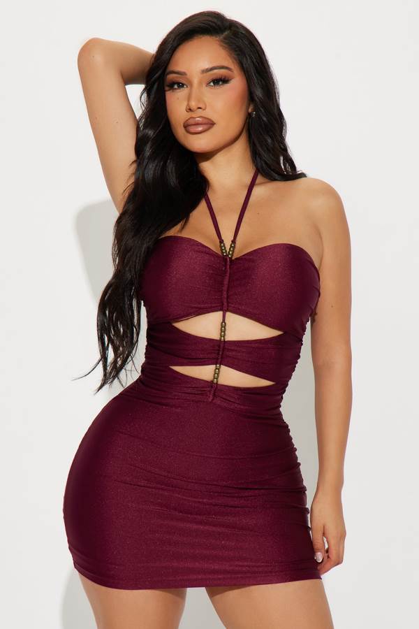 Burgundy Fashion Nova Rubie Satin Micro Mini Women Dress USA | 678091JUO