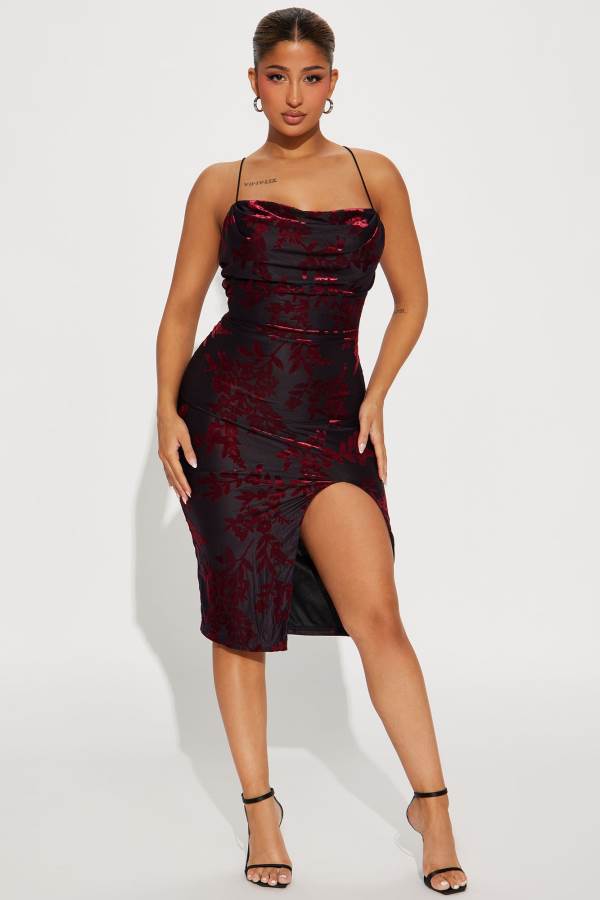 Burgundy Fashion Nova Samantha Mesh Midi Women Dress USA | 910764ARP