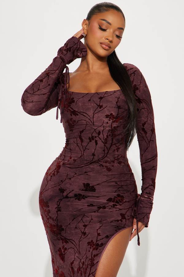 Burgundy Fashion Nova Spring Blossom Midi Women Dress USA | 208456MTK