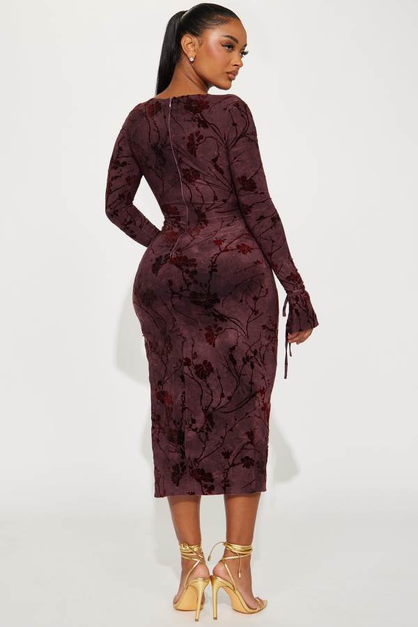 Burgundy Fashion Nova Spring Blossom Midi Women Dress USA | 208456MTK