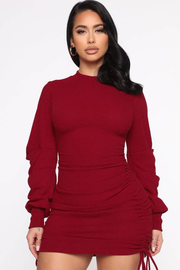 Burgundy Fashion Nova Sweetheart Of Mine Ruched Women Dress USA | 085714YRA