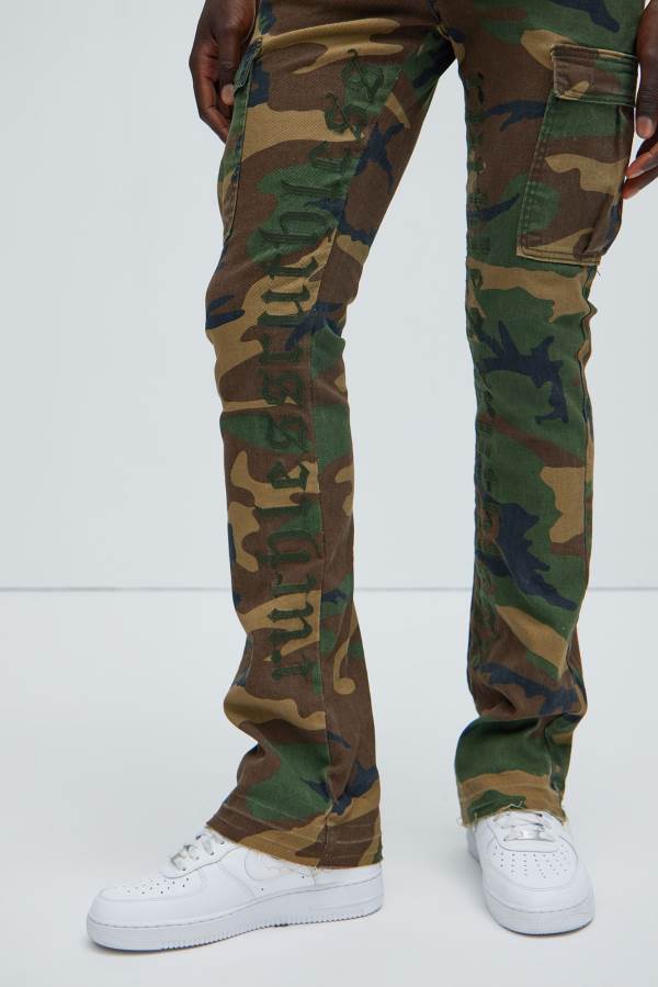 Camo Fashion Nova Ruthless Embroidered Stacked Skinny Cargo Flare Men Pants USA | 370294AXM