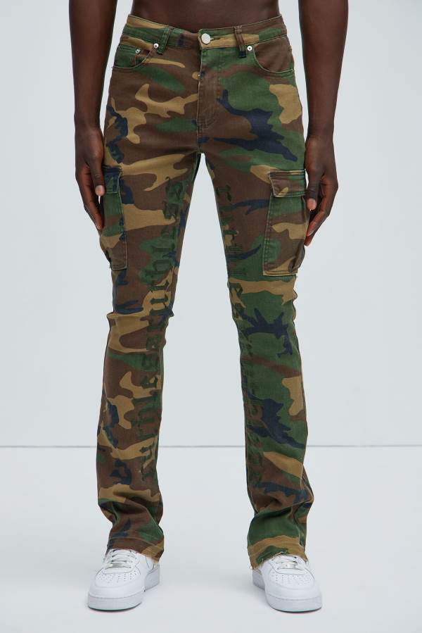 Camo Fashion Nova Ruthless Embroidered Stacked Skinny Cargo Flare Men Pants USA | 370294AXM