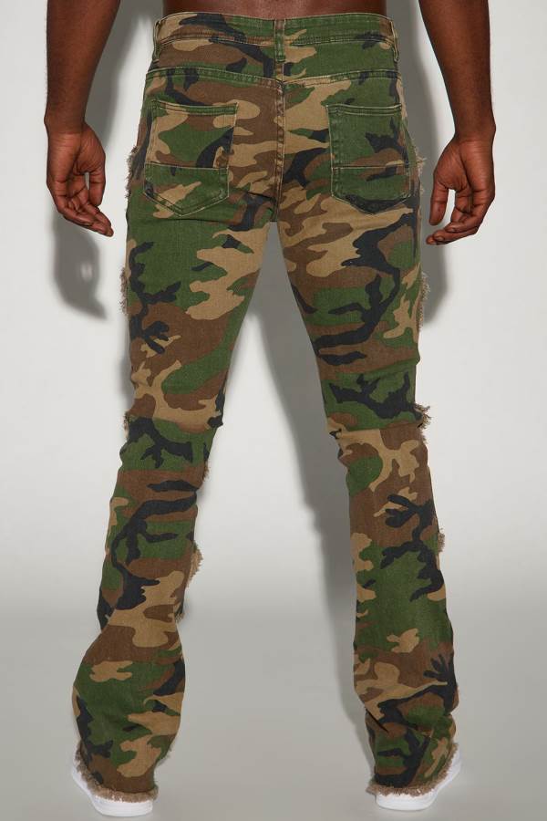 Camo Fashion Nova Slanted Fray Stacked Skinny Flare Men Jeans USA | 679413BNV