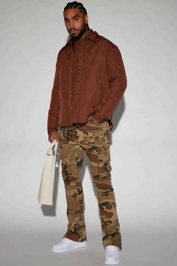 Camo Fashion Nova Snap At It Cargo Stacked Skinny Flare Men Pants USA | 128370NAE