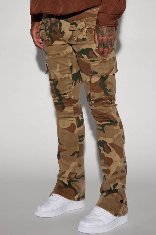 Camo Fashion Nova Snap At It Cargo Stacked Skinny Flare Men Pants USA | 128370NAE