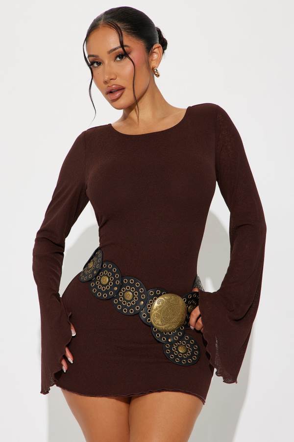 Chocolate Fashion Nova Bardot Belted Mini Women Dress USA | 987046TEM