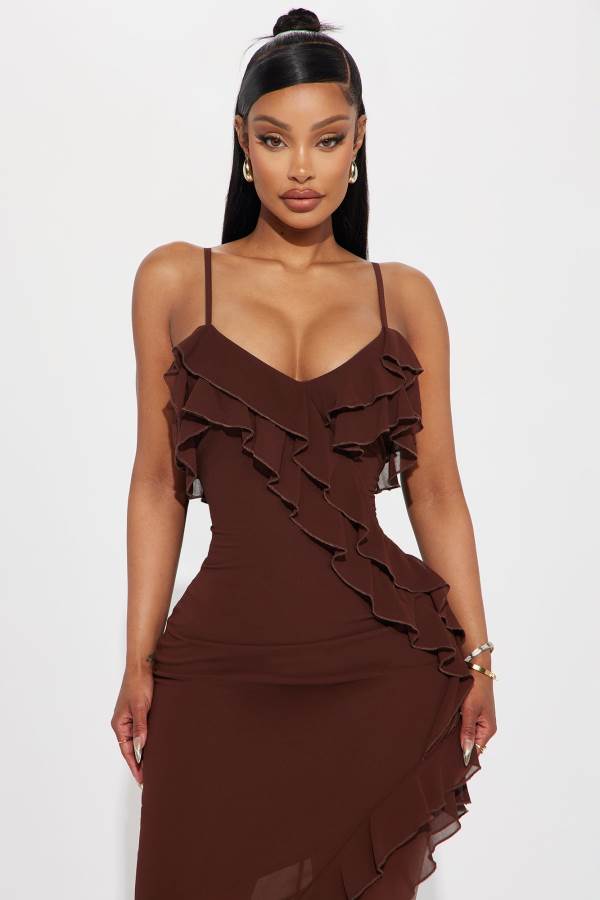 Chocolate Fashion Nova Kristi Ruffle Maxi Women Dress USA | 852734HOA