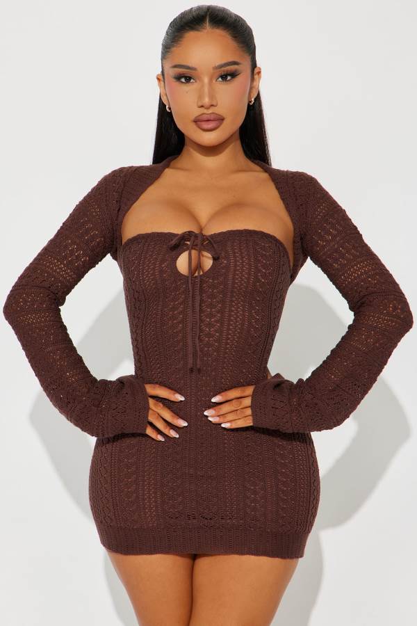 Chocolate Fashion Nova Leonie Crochet Micro Mini Set Women Dress USA | 418726YVX