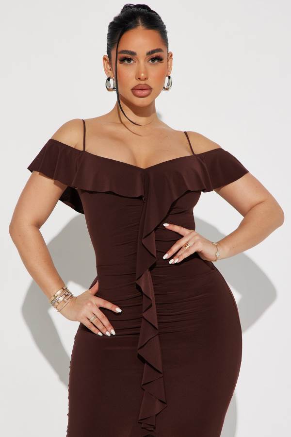 Chocolate Fashion Nova Living It Up Midi Women Dress USA | 735196UAJ