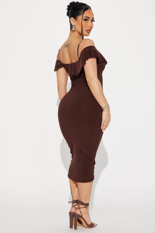 Chocolate Fashion Nova Living It Up Midi Women Dress USA | 735196UAJ