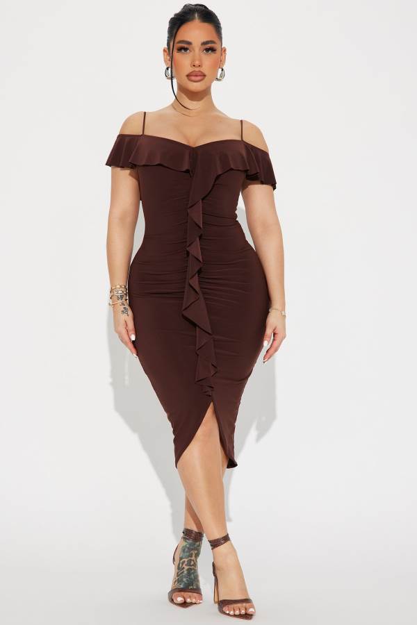 Chocolate Fashion Nova Living It Up Midi Women Dress USA | 735196UAJ