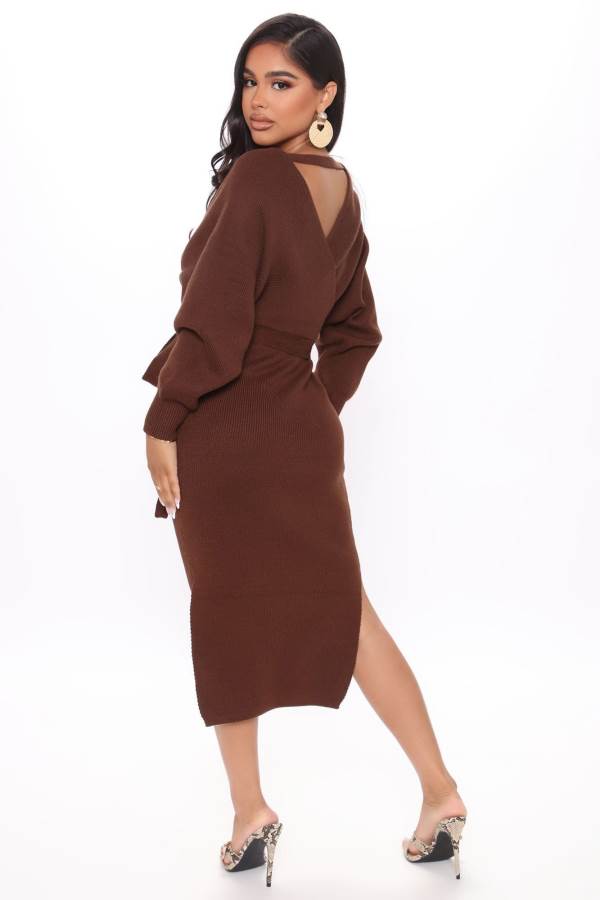 Chocolate Fashion Nova Mona Sweater Midi Women Dress USA | 073524OSF