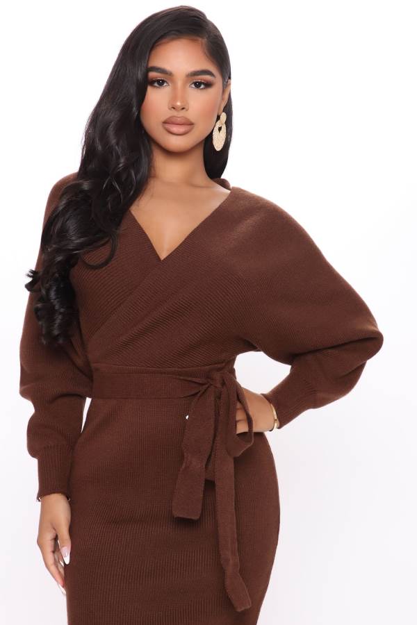 Chocolate Fashion Nova Mona Sweater Midi Women Dress USA | 073524OSF