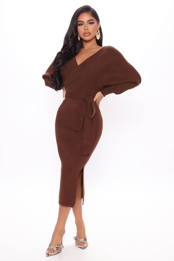 Chocolate Fashion Nova Mona Sweater Midi Women Dress USA | 073524OSF