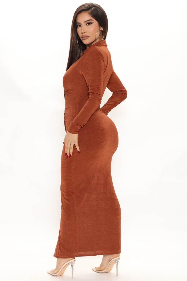 Copper Fashion Nova Silky Smooth Long Sleeve Slinky Women Dress USA | 132549GUR