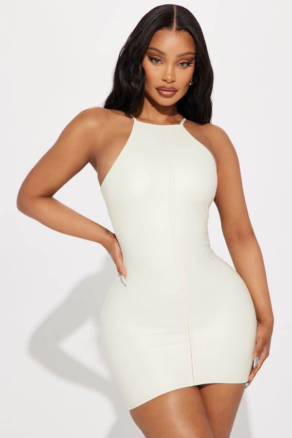 Cream Fashion Nova Abigail Textured Faux Leather Mini Women Dress USA | 643927PKU