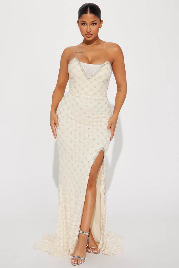 Cream Fashion Nova Aurelia Embellished Maxi Women Dress USA | 256419VGN