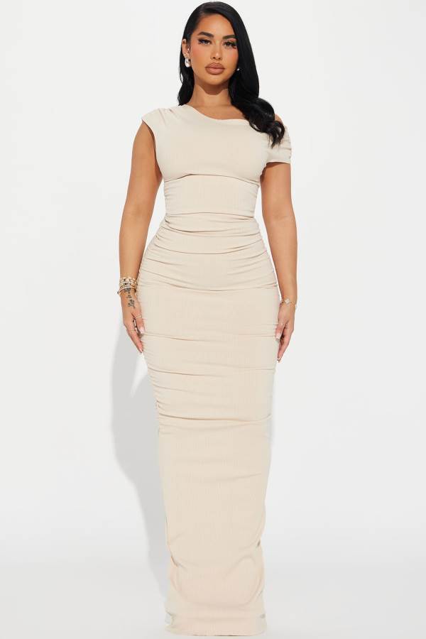 Cream Fashion Nova Kelli Snatched Maxi Women Dress USA | 549723YGR