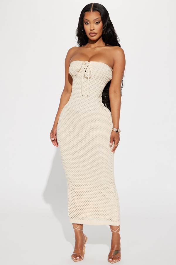 Cream Fashion Nova Paradise Crochet Maxi Women Dress USA | 670251UMK