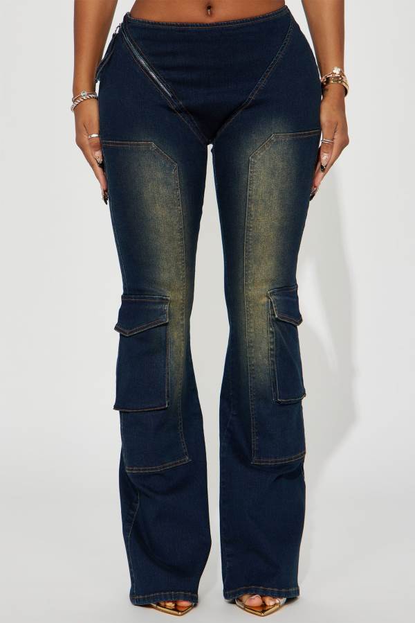 Dark Wash Fashion Nova Dreaming Of It Cargo Flare Women Jeans USA | 183047CRI