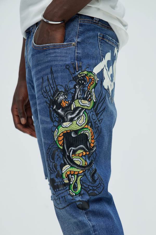 Dark Wash Fashion Nova Ed Hardy Panther Snake Skinny Men Jeans USA | 439268CVZ