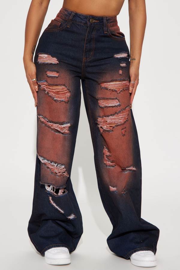 Dark Wash Fashion Nova Got That Right Tinted Ripped Wide Leg Women Jeans USA | 743806BJU