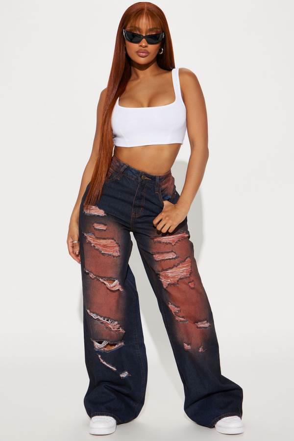 Dark Wash Fashion Nova Got That Right Tinted Ripped Wide Leg Women Jeans USA | 743806BJU