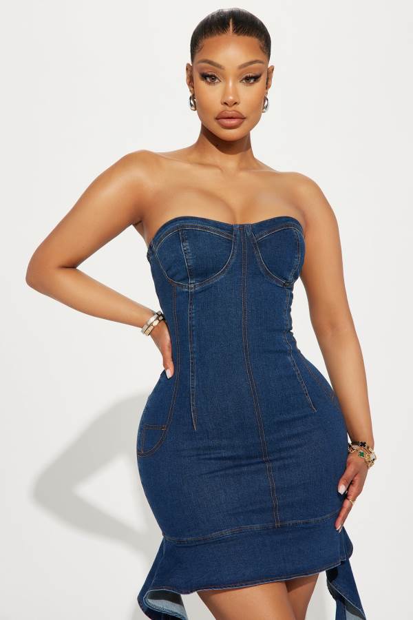 Dark Wash Fashion Nova Lainey Denim Mini Women Dress USA | 237165MNK