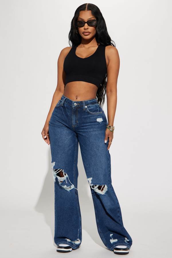 Dark Wash Fashion Nova Letting It Go Non Stretch Wide Leg Women Jeans USA | 135769JTM