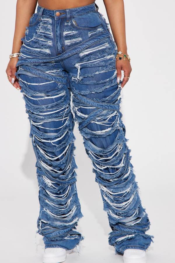 Dark Wash Fashion Nova Never Low Key Shredded Straight Leg Women Jeans USA | 035281SVP