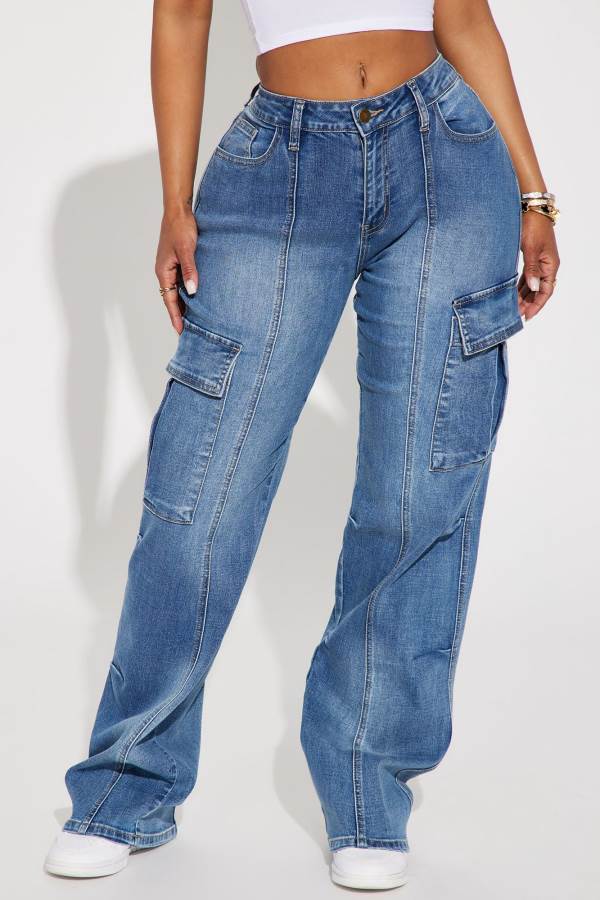 Dark Wash Fashion Nova Say It Now Stretch Straight Leg Cargo Women Jeans USA | 791650LUQ