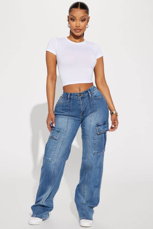 Dark Wash Fashion Nova Say It Now Stretch Straight Leg Cargo Women Jeans USA | 791650LUQ