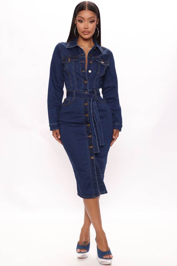 Dark Wash Fashion Nova Set For Life Denim Midi Women Dress USA | 321679YKZ