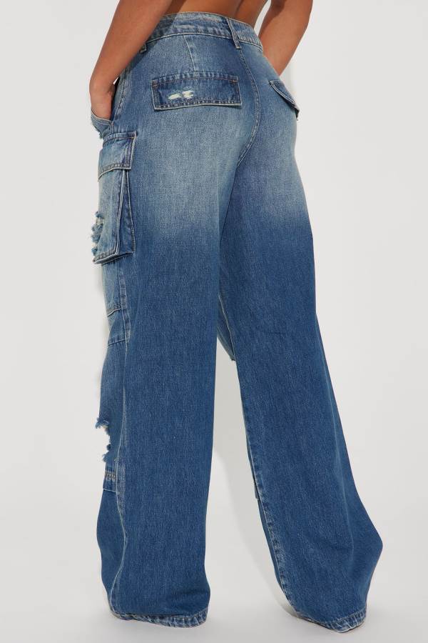 Dark Wash Fashion Nova Unchecked Baggy Cargo Women Jeans USA | 416792DGE