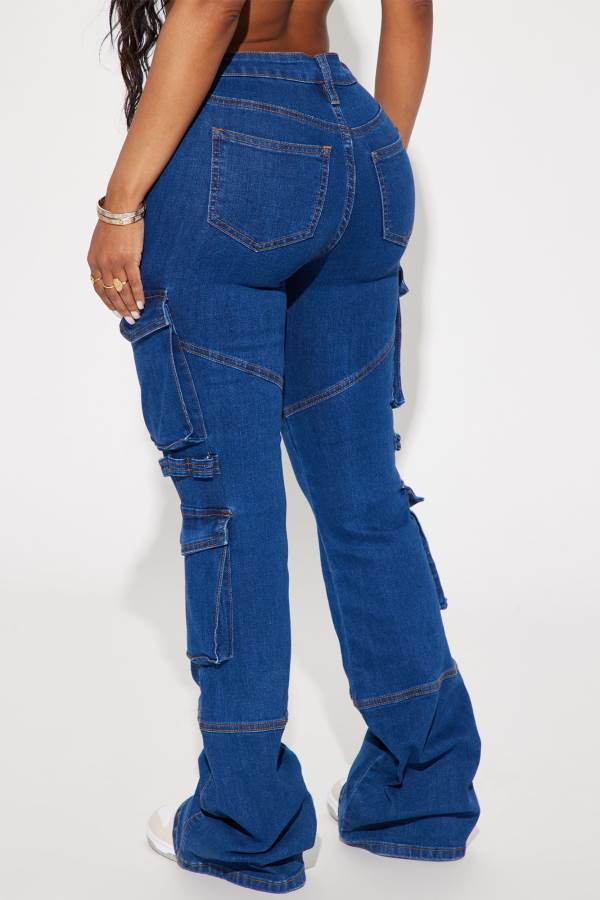 Dark Wash Fashion Nova Warning You Mid Rise Stretch Flare Cargo Women Jeans USA | 619873CGO