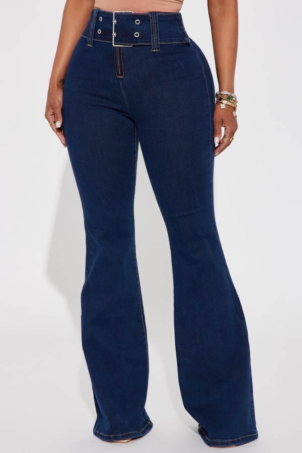 Dark Wash Fashion Nova Worthwhile Belted Stretch Flare Women Jeans USA | 687209VQW