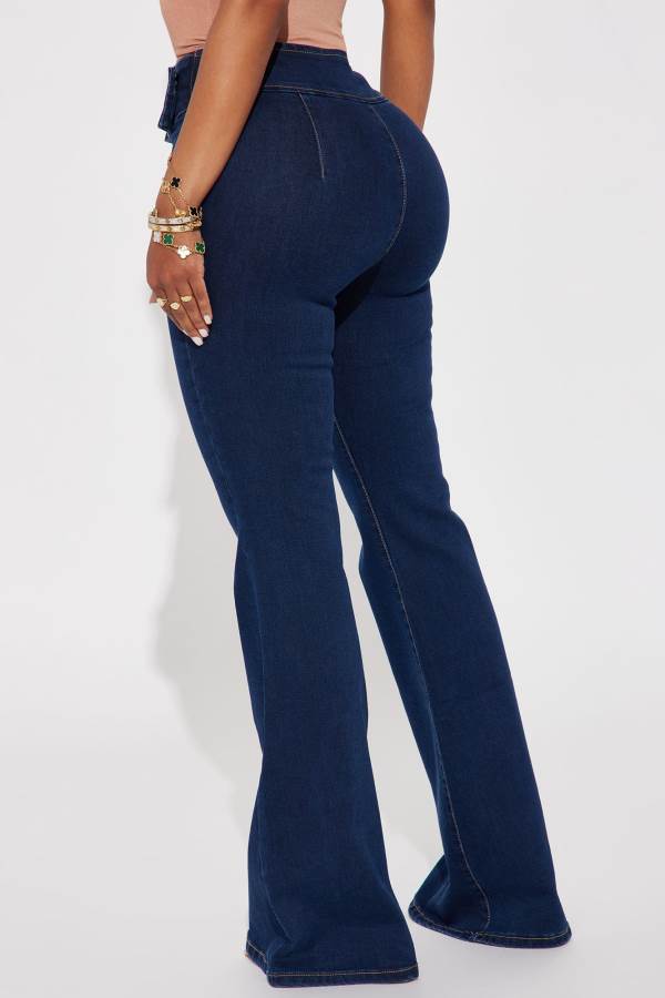 Dark Wash Fashion Nova Worthwhile Belted Stretch Flare Women Jeans USA | 687209VQW