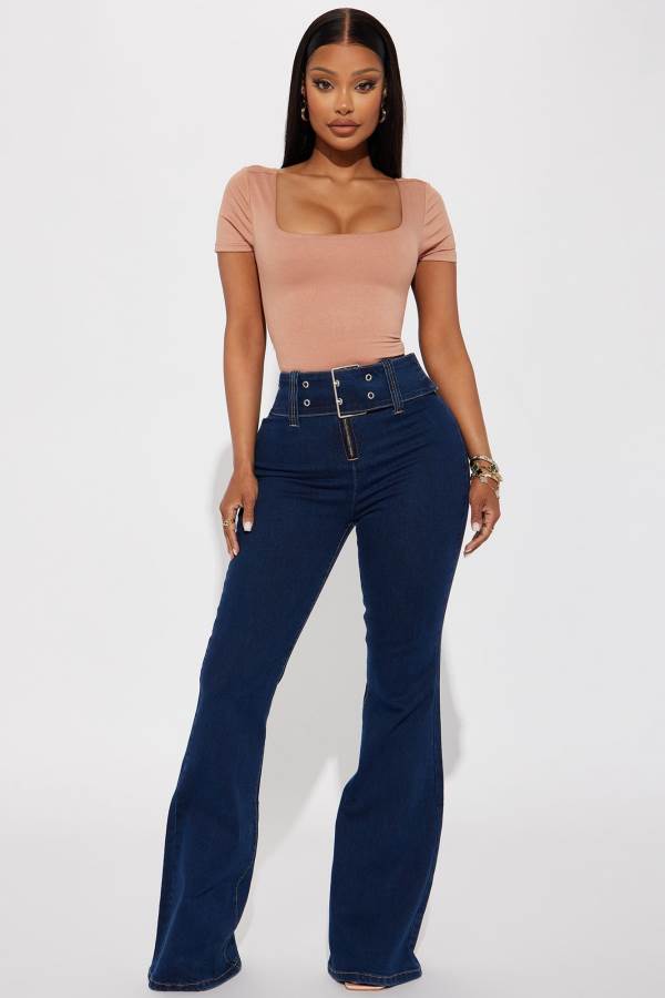 Dark Wash Fashion Nova Worthwhile Belted Stretch Flare Women Jeans USA | 687209VQW