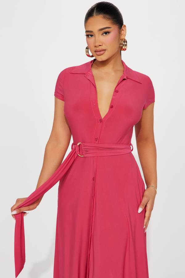 Fuchsia Fashion Nova Elise Button Up Midi Women Dress USA | 541026PEJ