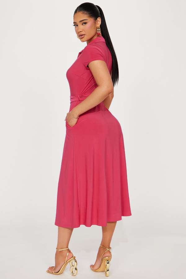 Fuchsia Fashion Nova Elise Button Up Midi Women Dress USA | 541026PEJ