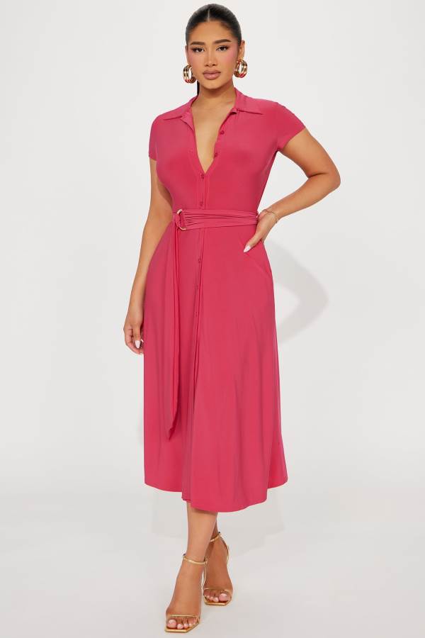 Fuchsia Fashion Nova Elise Button Up Midi Women Dress USA | 541026PEJ