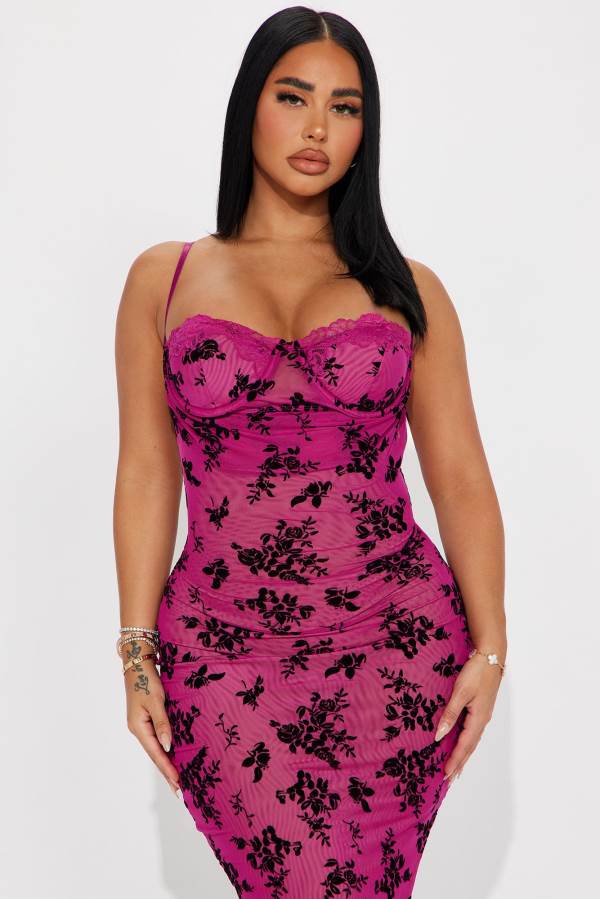 Fuchsia Fashion Nova Nicole Mesh Midi Women Dress USA | 367490BUV