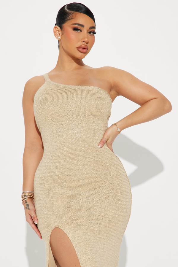 Gold Fashion Nova Aiken Metallic Knit Midi Women Dress USA | 543819QMH