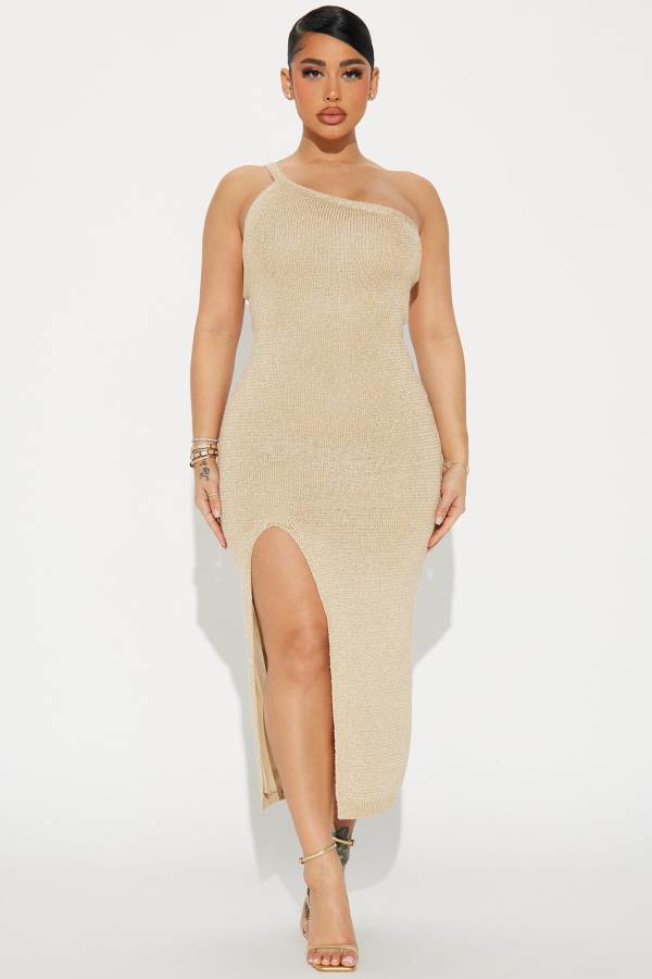 Gold Fashion Nova Aiken Metallic Knit Midi Women Dress USA | 543819QMH