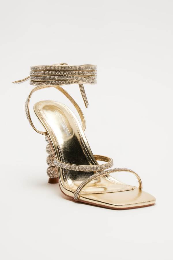 Gold Fashion Nova All The Glamour Embellished Wrap Up Heeled Women Sandals USA | 419732UOM